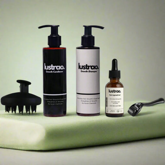 Lustrao Complete Regrowth System – (Shampoo, Conditioner, Öl, Scalp Massager & Derma Roller)