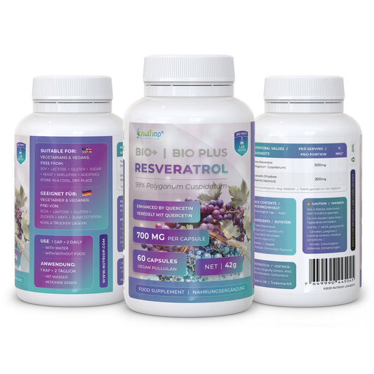 Bio-Enhanced Nutriop Longevity® Resveratrol mit reinem Quercetin - 700 mg Kapseln (x60)-1