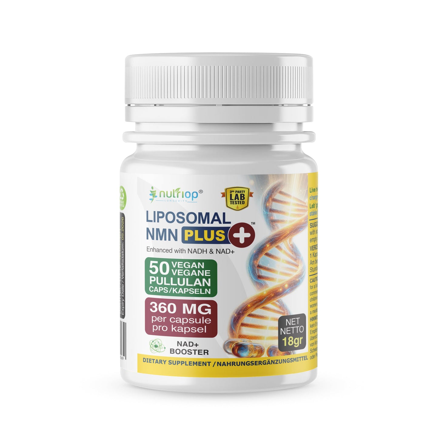 Nutriop Longevity® Max Strength LIPOSOMAL NMN PLUS +, verbessert mit NADH & NAD+ - 360mg hochwirksame Kapseln (50 Stück) - 18g-0