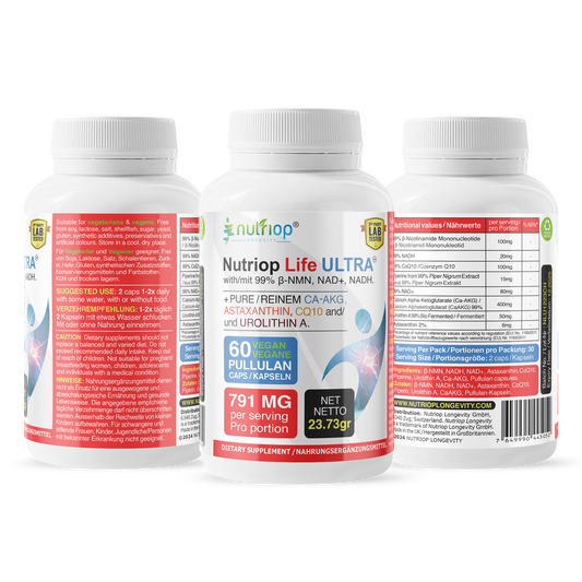 Bio-Enhanced Nutriop Longevity® Life ULTRA mit NADH, NAD+, CQ10, ASTAXANTHIN und CA-AKG - 791mg pro Portion (x30)-1