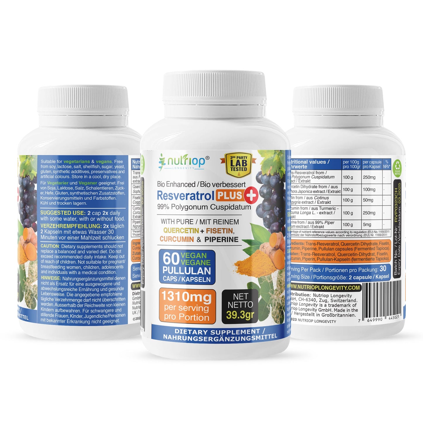 Bio-Enhanced Nutriop Longevity® Resveratrol PLUS mit reinem Quercetin, Fisetin, Curcumin und Piperin - 1310mg pro Portion (x30)-4