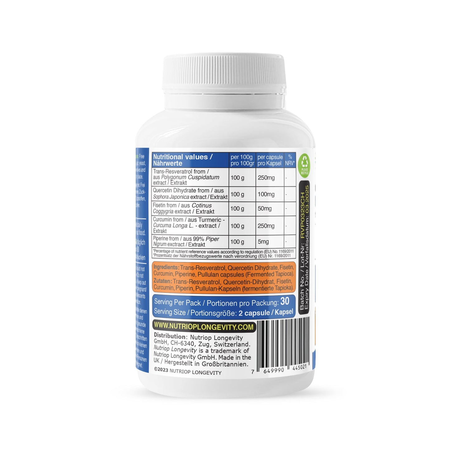 Bio-Enhanced Nutriop Longevity® Resveratrol PLUS mit reinem Quercetin, Fisetin, Curcumin und Piperin - 1310mg pro Portion (x30)-2