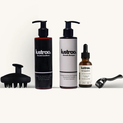Lustrao Complete Regrowth System – (Shampoo, Conditioner, Öl, Scalp Massager & Derma Roller)