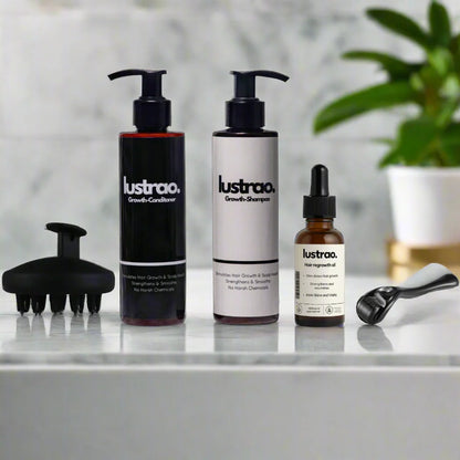 Lustrao Complete Regrowth System – (Shampoo, Conditioner, Öl, Scalp Massager & Derma Roller)
