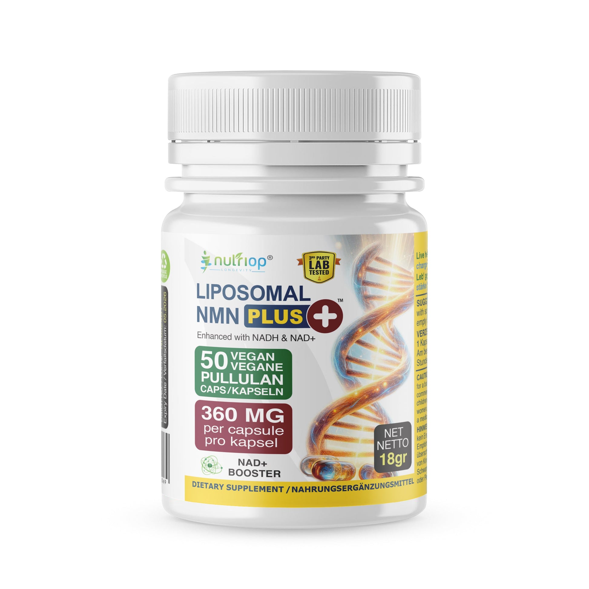 Nutriop Longevity® Max Strength LIPOSOMAL NMN PLUS +, verbessert mit NADH & NAD+ - 360mg hochwirksame Kapseln (50 Stück) - 18g-0