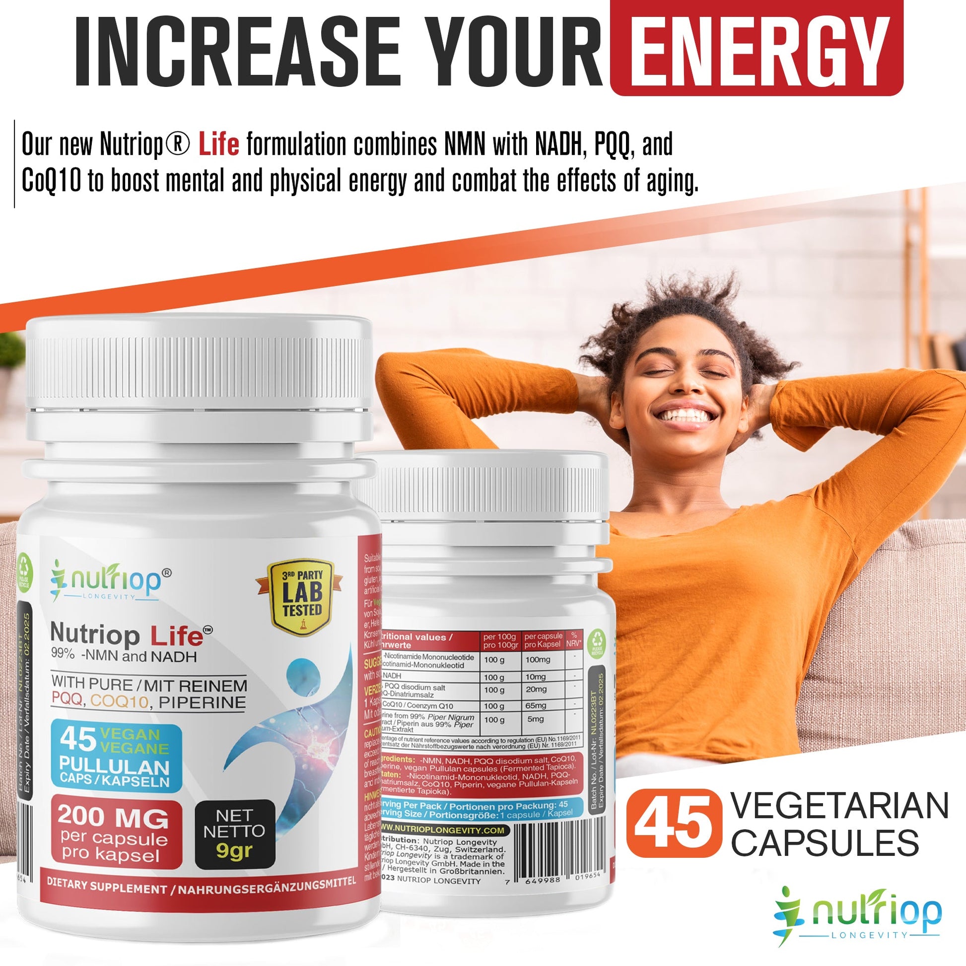 Bio-Enhanced Nutriop Longevity® Leben mit NADH, NMN und CQ10 - Extra Stark - 45 Kapseln-4