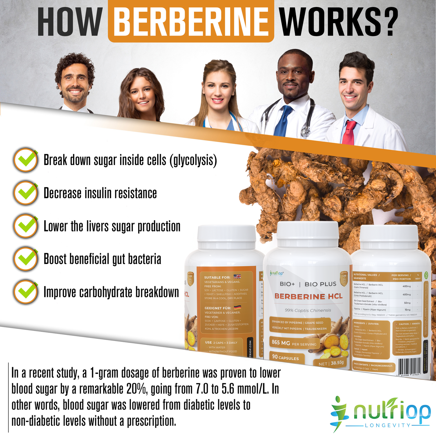 Nutriop Longevity® Bio-Enhanced Berberin HCL mit reinem organischem Piperin und Traubenkernextrakt - 865 mg pro Portion (x45)-1