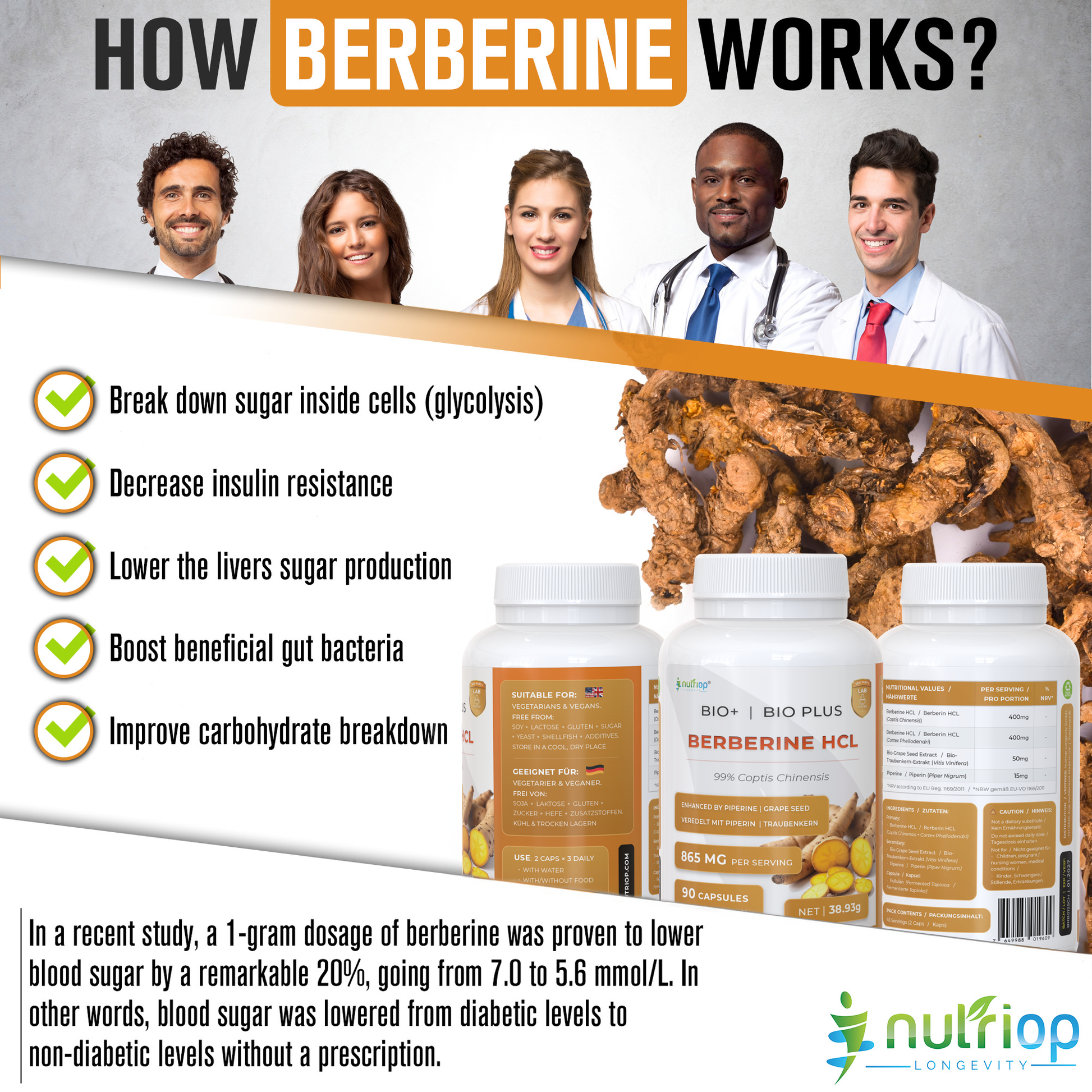 Nutriop Longevity® Bio-Enhanced Berberin HCL mit reinem organischem Piperin und Traubenkernextrakt - 865 mg pro Portion (x45)-1