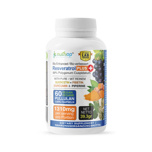 Bio-Enhanced Nutriop Longevity® Resveratrol PLUS mit reinem Quercetin, Fisetin, Curcumin und Piperin - 1310mg pro Portion (x30)-0