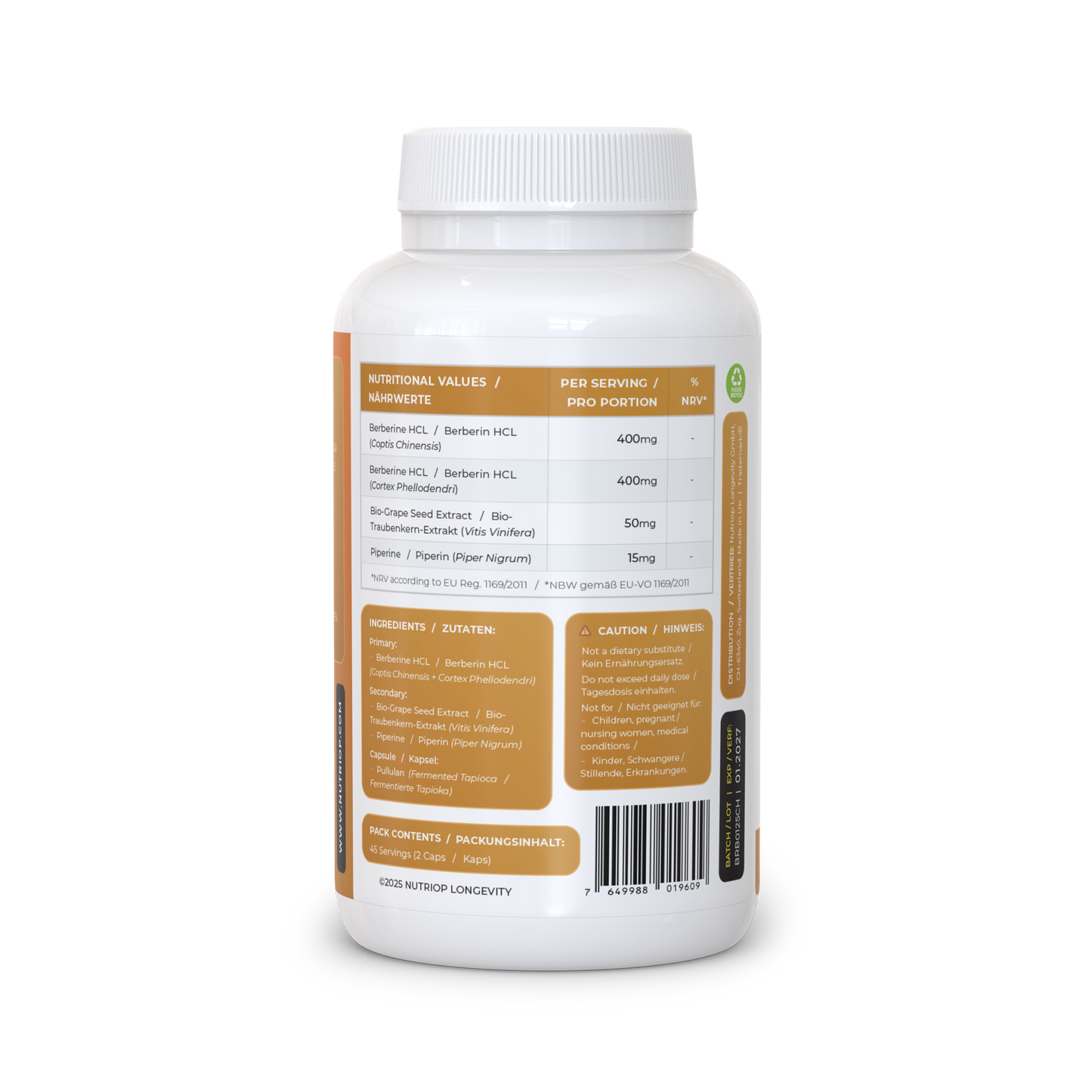 Nutriop Longevity® Bio-Enhanced Berberin HCL mit reinem organischem Piperin und Traubenkernextrakt - 865 mg pro Portion (x45)-3