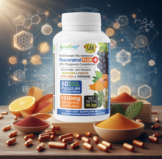 Bio-Enhanced Nutriop Longevity® Resveratrol PLUS mit reinem Quercetin, Fisetin, Curcumin und Piperin - 1310mg pro Portion (x30)-1