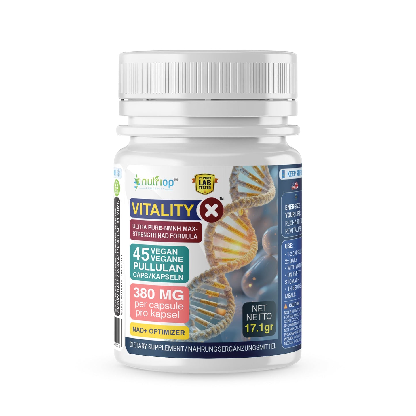 Nutriop Longevity® Vitality-X™ Ultra Pure-NMNH NAD+-Formel mit maximaler Stärke | 380 mg x 45 Langlebigkeitskapseln | 17,10 g-0