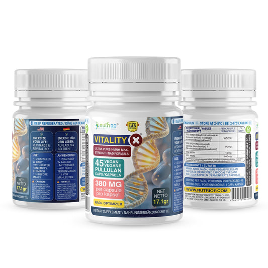 Nutriop Longevity® Vitality-X™ Ultra Pure-NMNH NAD+-Formel mit maximaler Stärke | 380 mg x 45 Langlebigkeitskapseln | 17,10 g-1